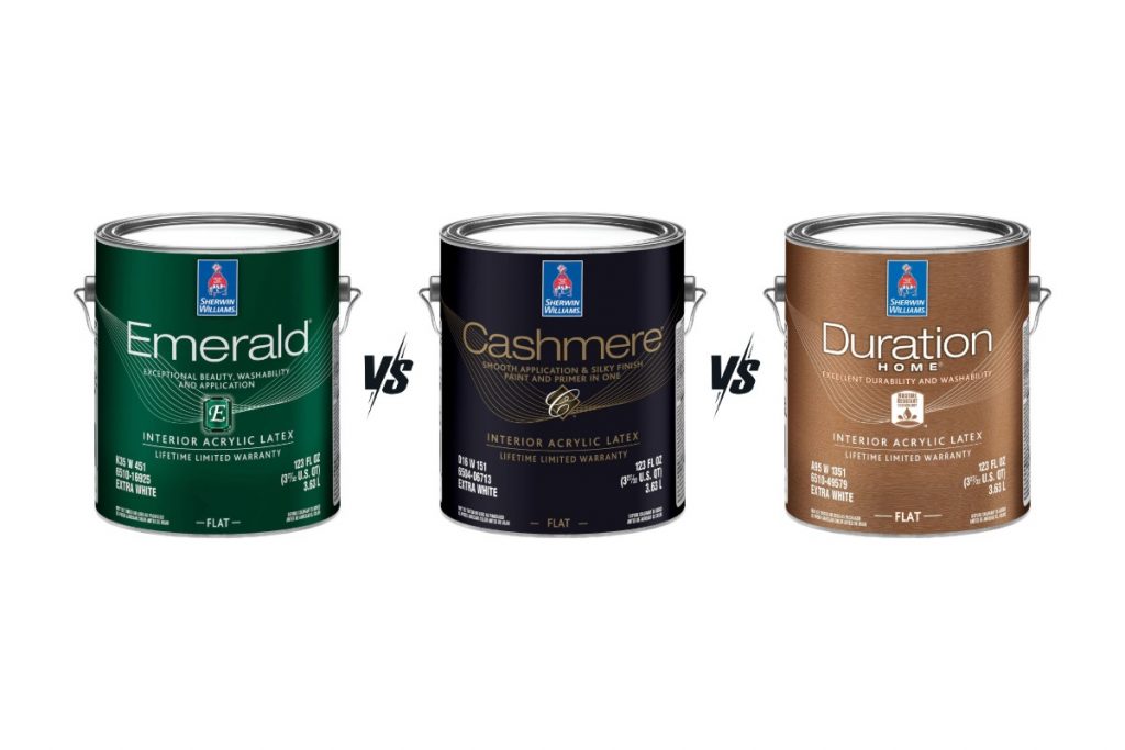 Sherwin-Williams Cashmere vs Duration vs Emerald interior acrylic latex paint cans side by side comparison